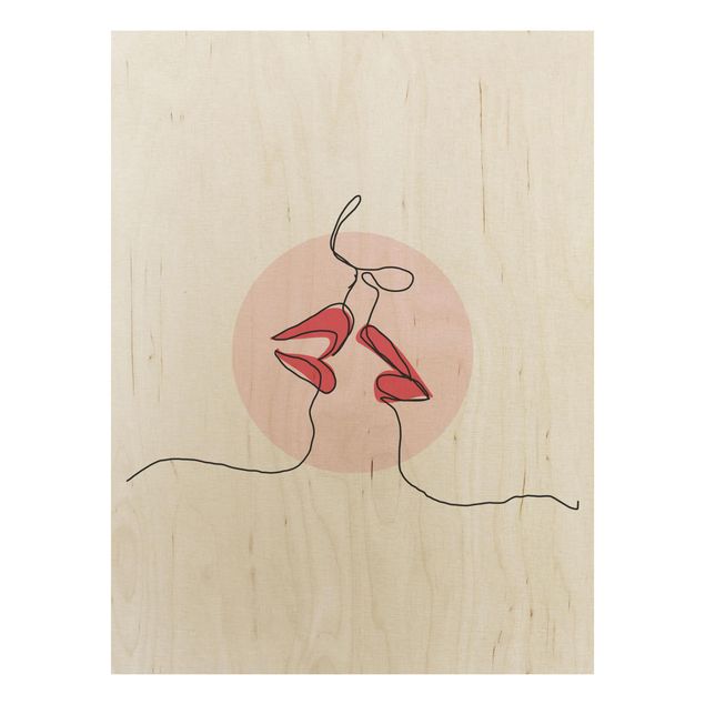 Wandbild Holz Lippen Kuss Line Art
