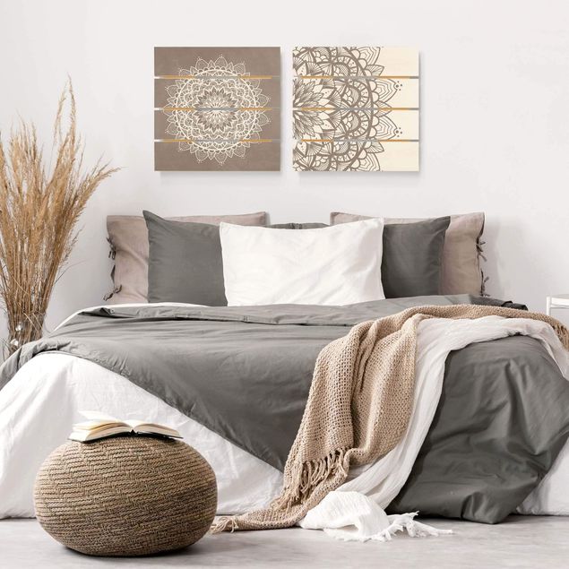 Holzbilder Mandala Illustration shabby Set beige weiß