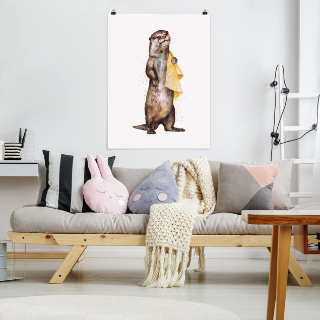 Poster Tiere Illustration Otter mit Handtuch Malerei Weiß