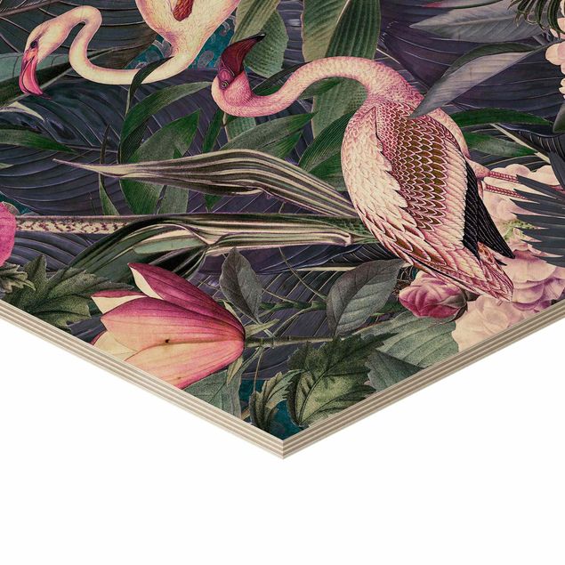 Holzbilder Bunte Collage - Pinke Flamingos im Dschungel