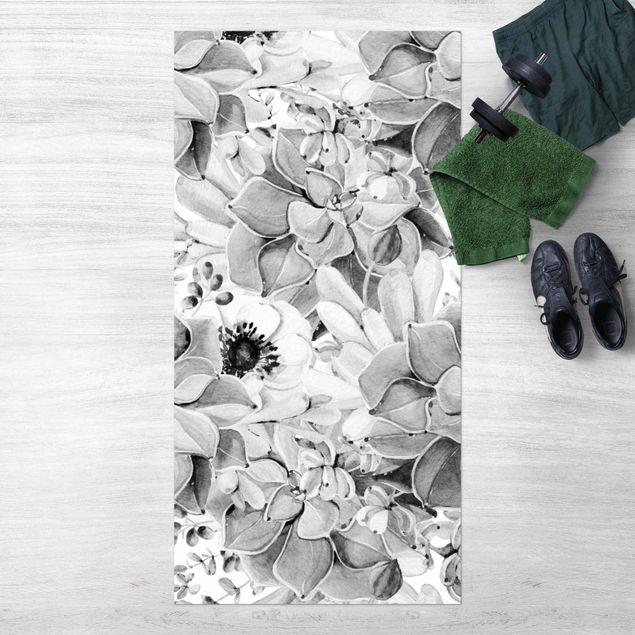 Aussen Teppich Aquarell Sukkulente mit Blüte in Schwarz Weiß