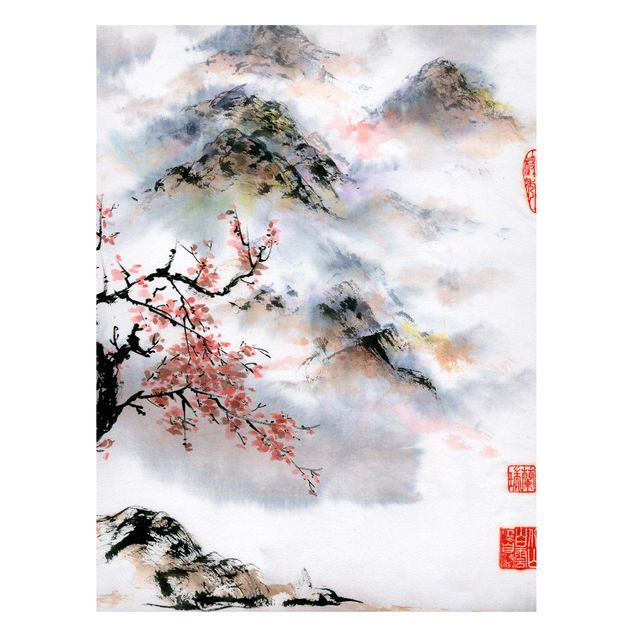 Wandbilder Bäume Japanische Aquarell Zeichnung Kirschbaum und Berge