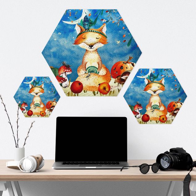 Hexagon Bilder Aquarell Fuchs im Mondschein