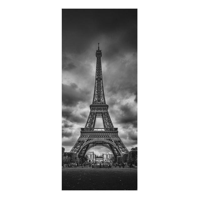 Wanddeko Küche Eiffelturm vor Wolken schwarz-weiß