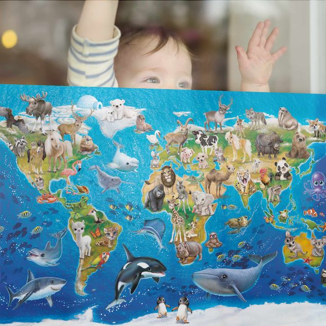 Fensterfolie - Sichtschutz - Animal Club International - Weltkarte mit Tieren - Fensterbilder