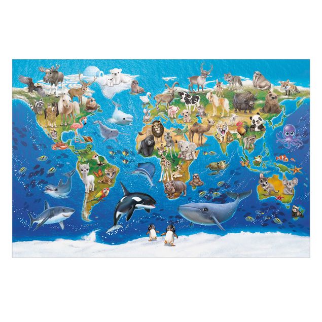 Fensterfolie - Sichtschutz - Animal Club International - Weltkarte mit Tieren - Fensterbilder