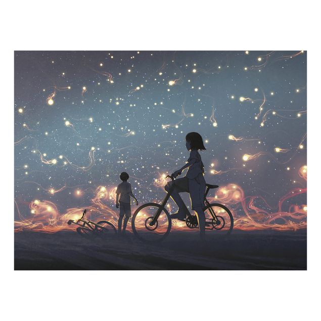 Glasbilder Anime Zeichnung Lichter auf dem Fahrrad