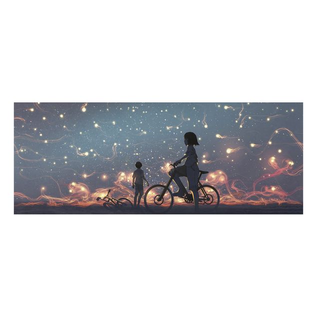 Glas Wandbilder Anime Zeichnung Lichter auf dem Fahrrad