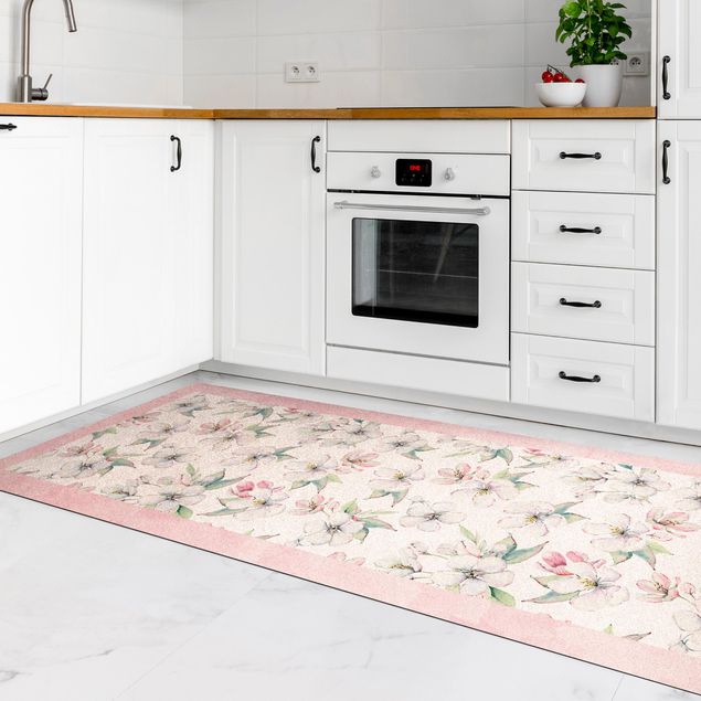 Teppich modern Aquarell Apfelblüten und Knospen mit Rahmen