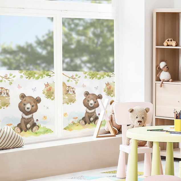 Fensterfolie - Sichtschutz - Aquarell Bär Eule und Eichhörnchen - Fensterbilder