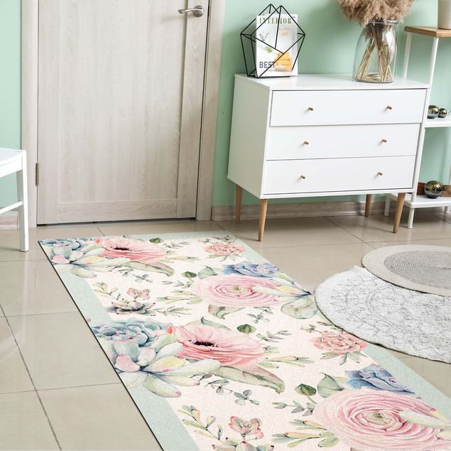 Teppich pastell Aquarell Blumenbouquet mit Sukkulenten und Rahmen