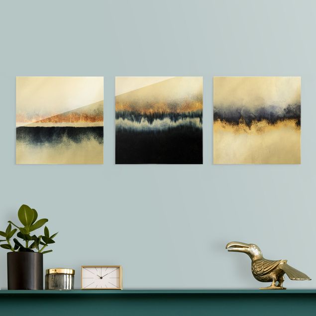 Wandbilder Kunstdrucke Aquarell Horizont Gold Blau