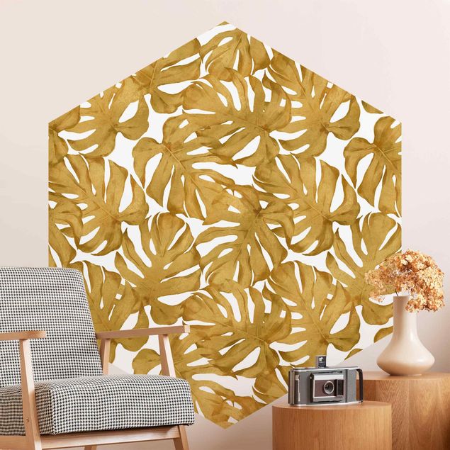 Tapeten mit Muster Aquarell Monstera Blätter in Gold