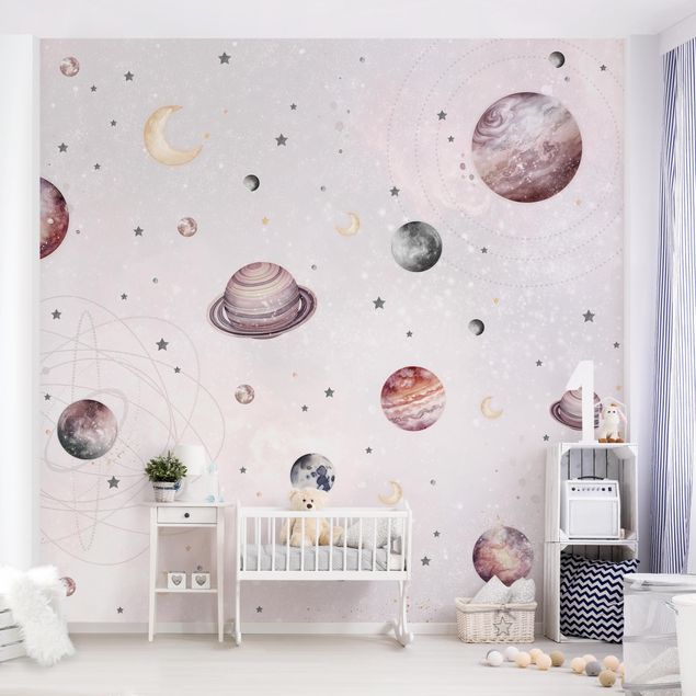 Kinderzimmer Deko Aquarell Planeten, Mond und Sterne