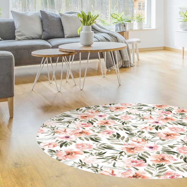 Moderner Teppich Aquarell Rosa Blüten vor Weiß