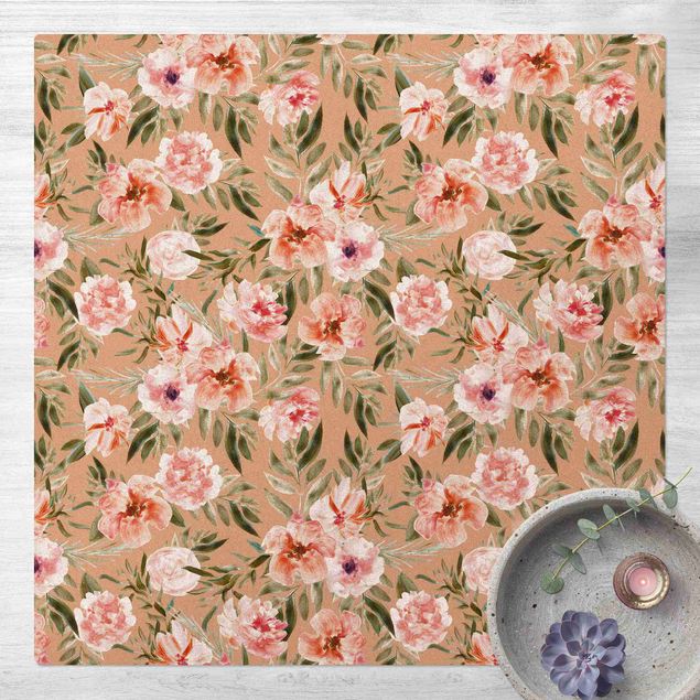 Teppich modern Aquarell Rosa Blüten vor Weiß