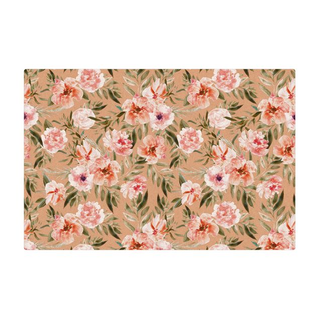 Kork-Teppich - Aquarell Rosa Blüten vor Weiß - Querformat 3:2