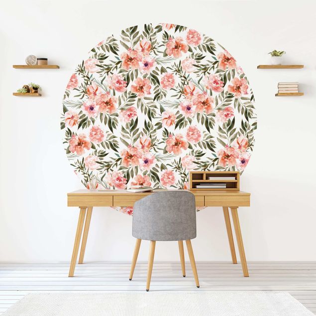 Wanddeko Küche Aquarell Rosa Blüten vor Weiß