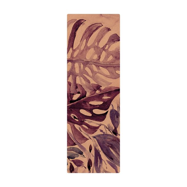 Teppich Esszimmer Aquarell Tropische Blätter mit Monstera in Aubergine