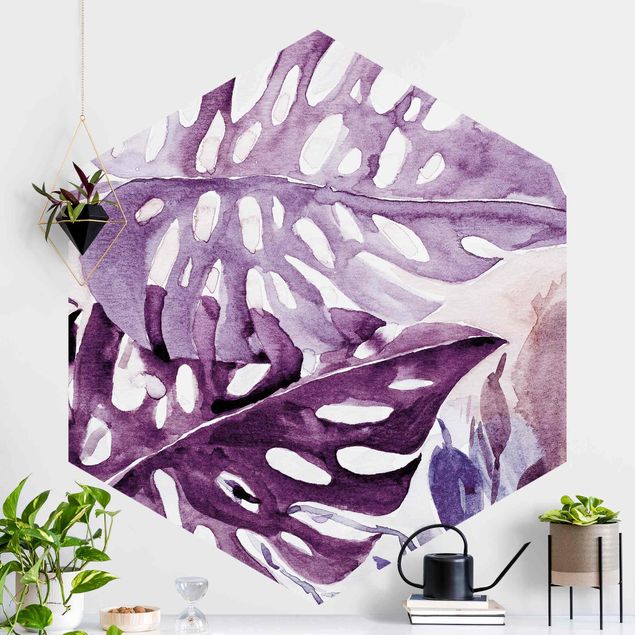Wanddeko Küche Aquarell Tropische Blätter mit Monstera in Aubergine