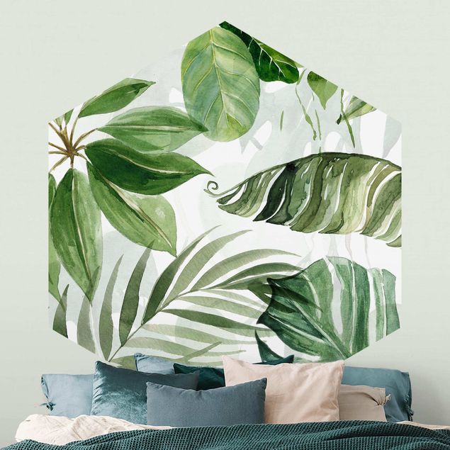 Fototapete modern Aquarell Tropische Blätter und Ranken
