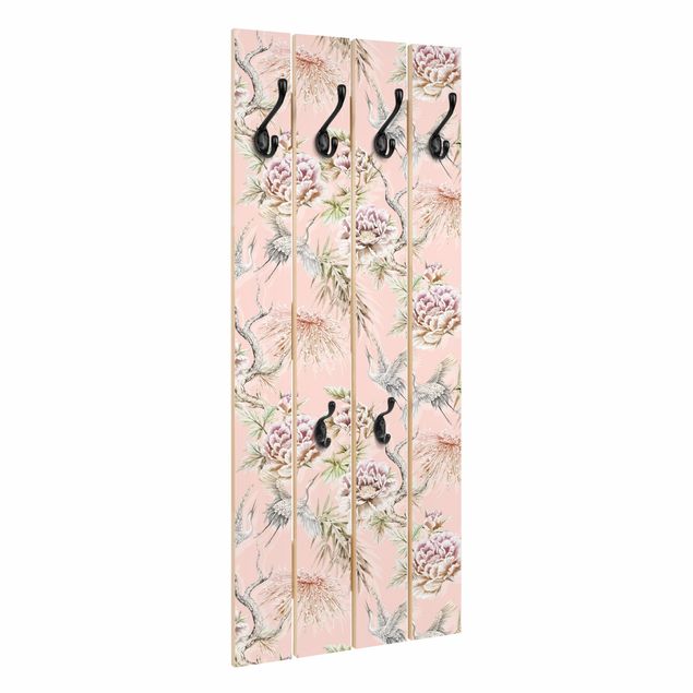 Garderobe mit Motiv Aquarell Vögel mit großen Blüten vor Rosa