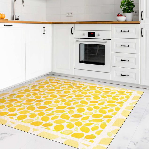 Teppich modern Aquarell Zitronen mit Blättern und Rahmen