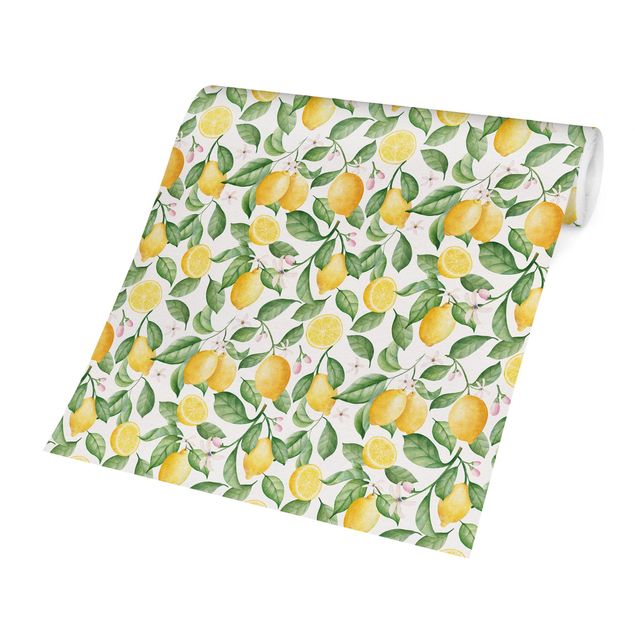 Wandtapete gelb Aquarell Zitronen und Blüten Muster