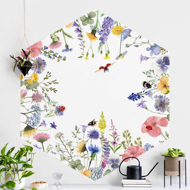 Küche Dekoration Aquarellierte Blumen mit Marienkäfern