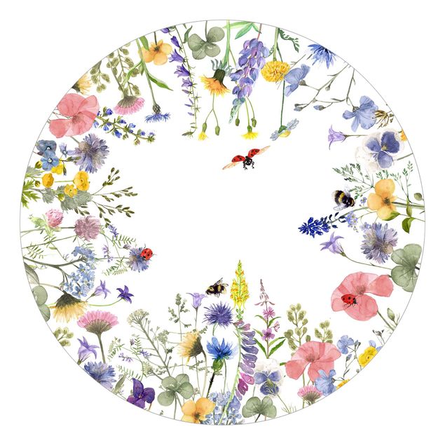 Runde Tapete selbstklebend - Aquarellierte Blumen mit Marienkäfern