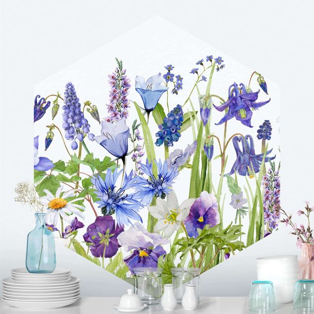 Küche Dekoration Aquarellierte Blumenwiese in Blau