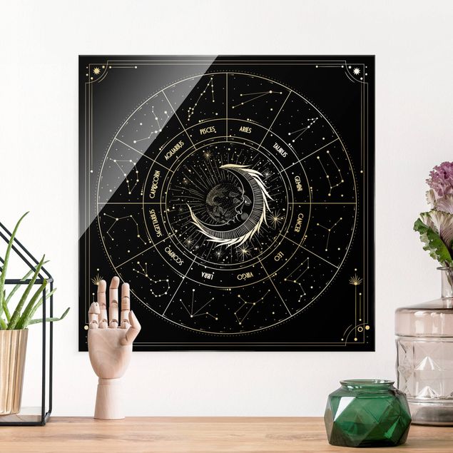 Buddha Glasbild Astrologie Mond und Sternzeichen Schwarz