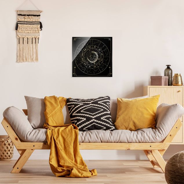 Wandbilder Modern Astrologie Mond und Sternzeichen Schwarz