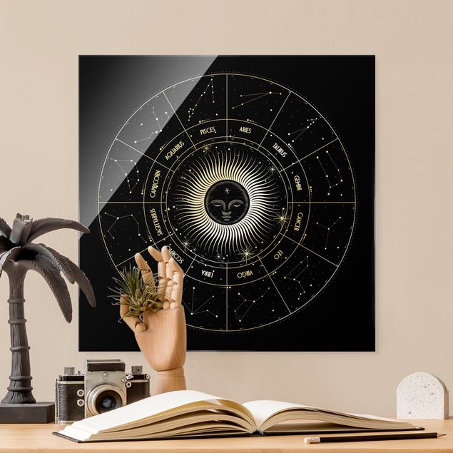 Wandbilder Spirituell Astrologie Sternzeichen im Sonnenkreis Schwarz