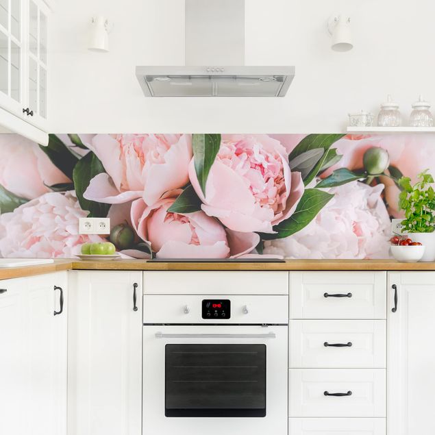 Glasrückwand Küche Rosa Pfingstrosen mit Blättern