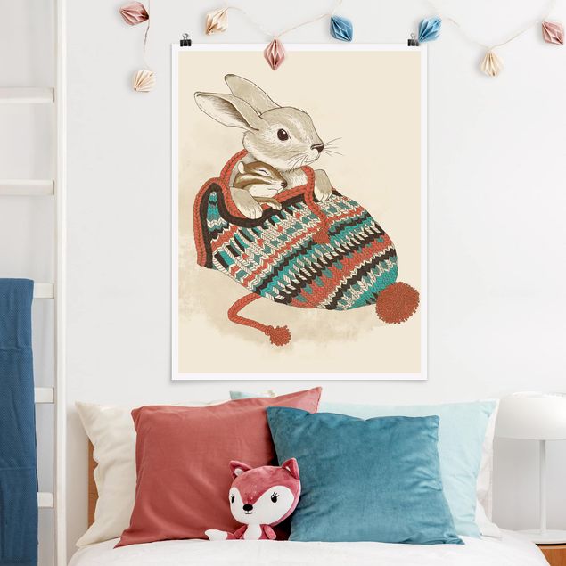 Kunstdrucke Poster Illustration Kuschelnder Hase in Mütze