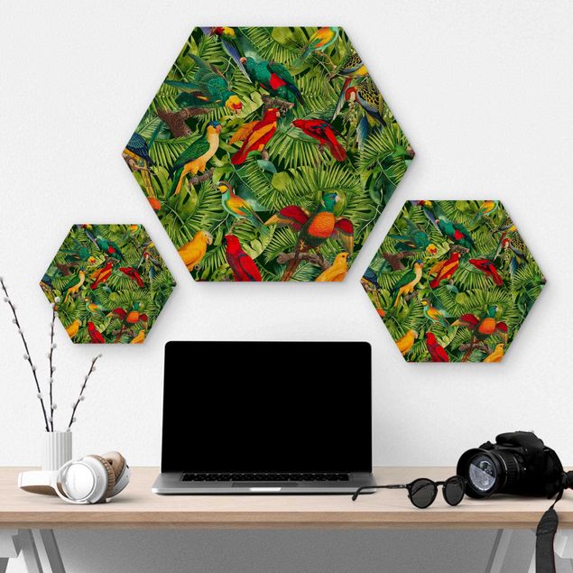 Bilder auf Holz Bunte Collage - Papageien im Dschungel