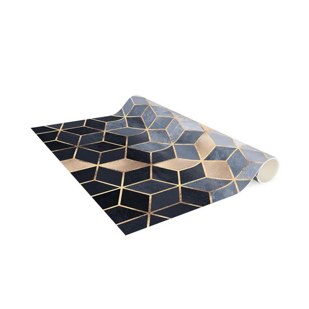 Teppich modern Blau Weiß goldene Geometrie