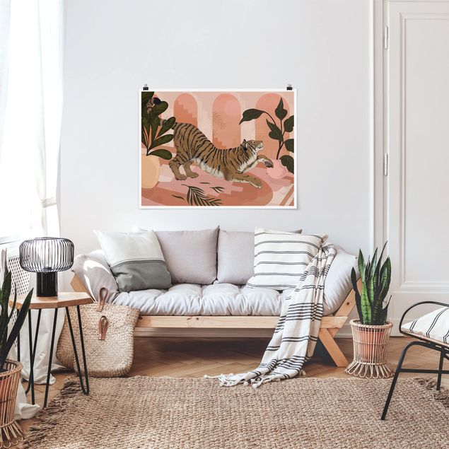 Kunstdrucke Poster Illustration Tiger in Pastell Rosa Malerei