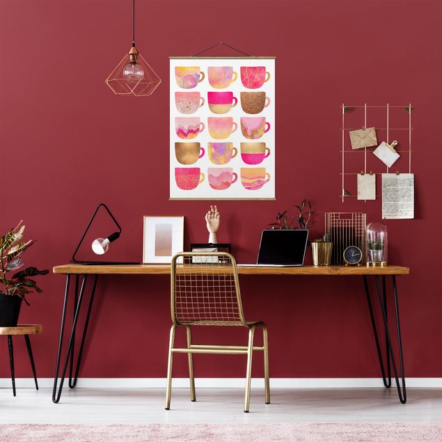 Wandbilder Kunstdrucke Goldene Tassen mit Pink