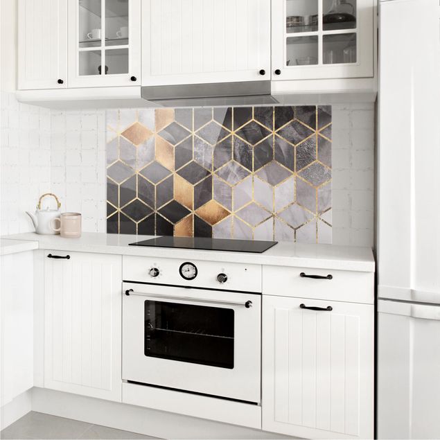 Glasrückwand Küche Muster Schwarz Weiß goldene Geometrie