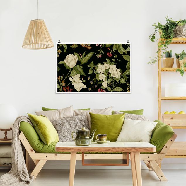 Wandbilder Floral Gartenblumen auf Schwarz I
