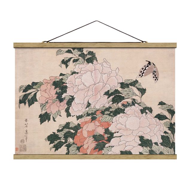 Wandbilder Floral Katsushika Hokusai - Rosa Pfingstrosen mit Schmetterling