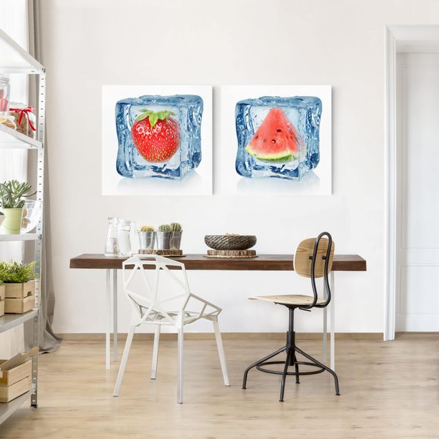 Wandbilder Floral Erdbeere und Melone im Eiswürfel
