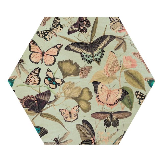 Wandbilder Blumen Vintage Collage - Schmetterlinge und Libellen