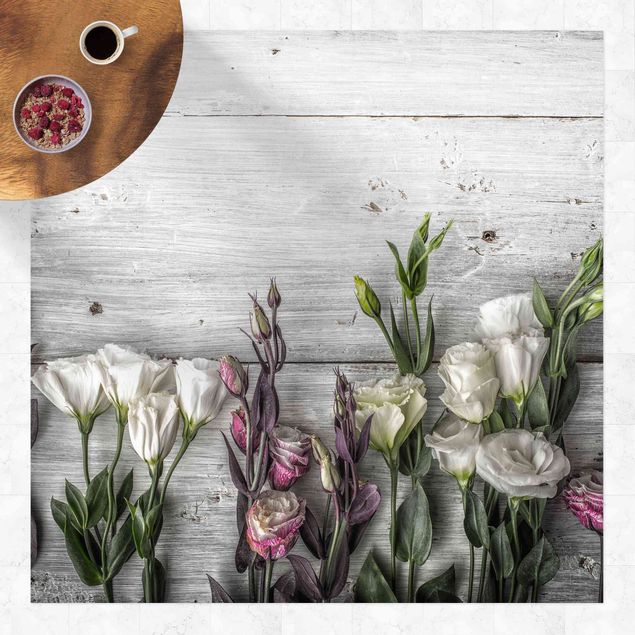 Outdoor Teppich Tulpen-Rose Shabby Holzoptik