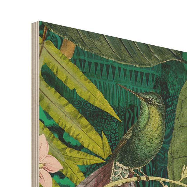 Wandbild Holz Bunte Collage - Kakadus im Dschungel