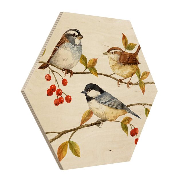 Wandbild Holz Vögel und Beeren - Meisen