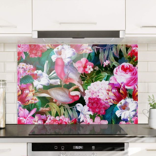 Wanddeko Küche Bunte Tropische Blumen mit Vögeln Pink