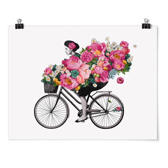 Poster Kunstdruck Illustration Frau auf Fahrrad Collage bunte Blumen